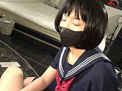 damn, this uncensored 18-year-old japanese black-haired beauty does sailor uniform cosplay with blowjob and hairy creampie sex!