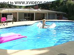 Ally Ann Sexy Blonde Cutie Gives Poolside Huge Cock Deepthroat Blowjob and Takes Cum Facial