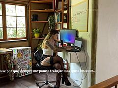 the horny secretary slips into her miniskirt for roleplay. she sucks and fucks him hard while spilling dirty talk everywhere.