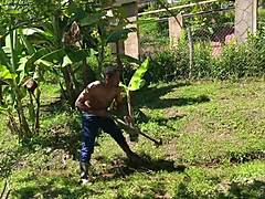 La Patrona Fucks Her Muscular Worker Fresh from the Pool. He Strips Naked for Interracial Shower Action with Big Natural Tits.