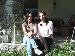 oh man these lesbian babes are gettin so sexy outdoors with their pussies and tits... wait i mean kissing and all that intimate stuff close up