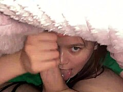 stepdaughter sneaks under blanket for deep blowjob on stepfather