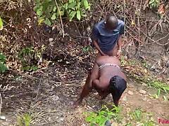 Outdoor stroll leads to intense babe fucking right in the scenic river yard.