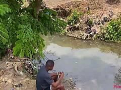Outdoor stroll leads to intense babe fucking right in the scenic river yard.