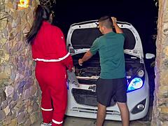 Pregnant mechanic trades sensual blowjob and wet riding for boss payment outdoors