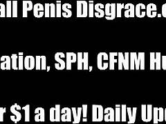 Petite slave shows tiny 18+ cock to three dominant hotties in POV femdom humiliation with mistress control.