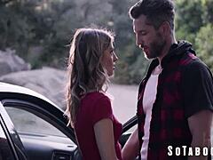 Bipolar hitchhiker Kirsten Scott takes big cock rough in car with deepthroat