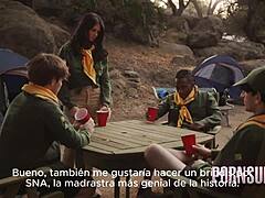Brunette Milf Gets Double Penetration Blowjob and Cum in Mouth Outdoors in Taboo Scene