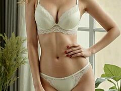 White bra and panties showcased in a simple, cute modeling clip