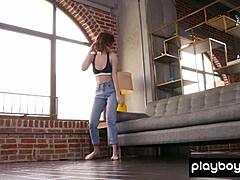 Fiery Redhead Teen 18+ Skye Blue Strips Naked Revealing Natural Big Tits And Pierced Nipples