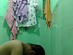 school girl taking shower at grandmas house with first time fingering and dildo play in dorm roommate setup