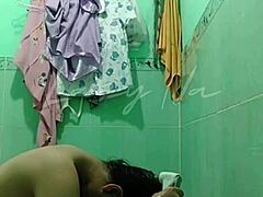 school girl taking shower at grandmas house with first time fingering and dildo play in dorm roommate setup
