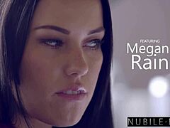 Cum hungry brunette Megan Rain deepthroats and fucks her man as a post-workout toy!