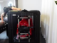 Brutal bondage training inflicts pain on bound slave in cage with femdom domination