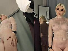Upskirt glimpse of blonde in transparent try-on haul in fitting room by MyCandyAlice