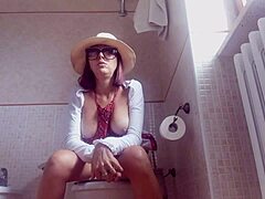 dude, check this amateur brunette farting topless on the toilet hidden cam 😂