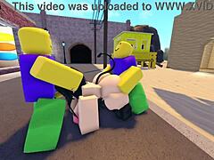 emma takes on three guys in rough gangbang with blowjobs and doggystyle pounding on roblox whorblox street