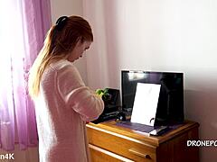 beautiful naked redhead karolinka from czech applies her makeup in a cute small tits display