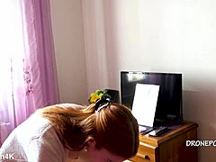 beautiful naked redhead karolinka from czech applies her makeup in a cute small tits display