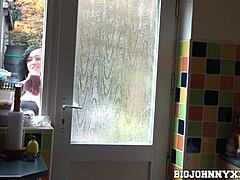 busty teen window cleaner gets wet kissing and eating pussy with horny neighbor lad's big cock