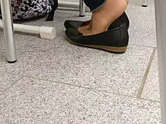 shoeplay and dipping with tan nylons and flats for fetish stockings leggings feet pantyhose toes 😊