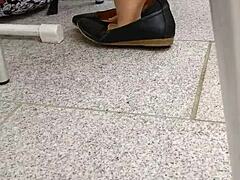 shoeplay and dipping with tan nylons and flats for fetish stockings leggings feet pantyhose toes 😊