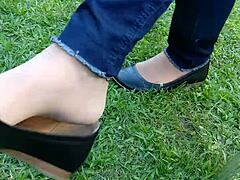 shoeplay and dipping with tan nylons and flats for fetish stockings leggings feet pantyhose toes 😊