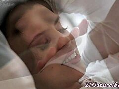 Busty European model gets intimate in a classy glamour scene, bending over for erotic doggy style with cum in mouth finish.