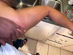 I feel so addicted as hot ebony teen 18+ fucks stepdad with monster big black cock in kitchen for risky anal creampie