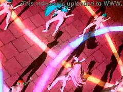 Hatsune Miku and Megurine Luka Perform in World End Dancehall with Energetic Dance Moves