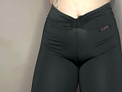 Intense Emotions From Teasing Cameltoe In Tight Black Leggings During Yoga Close-Up