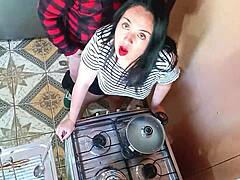 Horny stepbrother rips into his curvy stepsister's wet pussy hard in the kitchen.