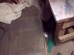 Chubby mature friend with big natural tits teases in bathroom striptease before quick hardcore lesbian spanking.