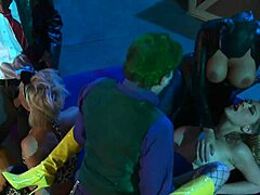 Big boob superheroines join horny heroes for group scene with blowjobs handjobs and riding in parody.
