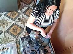 Horny stepbrother rips into his curvy stepsister's wet pussy hard in the kitchen.