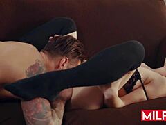 Horny redhead milf Sovereign Syre seduced her husband's boss Quinton James into hardcore fucking and deep blowjob