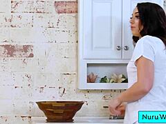 Sexy hot brunette masseuse Sophia Burns gives wet Nuru massage and more to Michael Vegas.