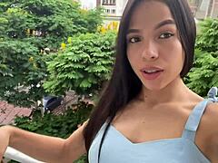 Colombian teen babe rides dildo in solo masturbation showing her sexy creampie orgasm face