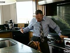 Petite teen Jill Kassidy with small tits and shaved pussy licks and fucks her father-in-law in taboo cunilingus
