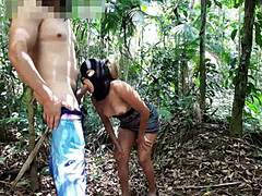 Latina teen gives pussy in woods, sucking big cock for creampie