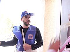 mailman delivers a monster cock package to the pornstar with doggystyle riding and cum on tits
