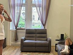 Slutty blonde wife secretly gives footjob and blowjob to husband's best friend while cheating.