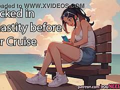 Girlfriend dominates with chastity lock before cruise. Orgasm denial builds intense femdom control.