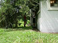 Nasty white slut sucks big black cock outside in bareback interracial riding!