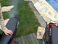 Vintage dirtbike babes revving 2-stroke engines