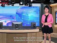 the weather report casually turns into a sensual encounter with doggystyle bent over riding and cum in mouth in costumes.