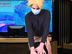 the weather report casually turns into a sensual encounter with doggystyle bent over riding and cum in mouth in costumes.
