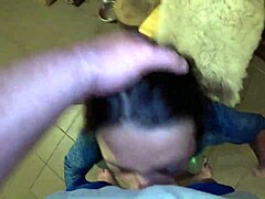 this mature latina milf gives a deep blowjob then plays with cum on her tight shiny cameltoe in stockings