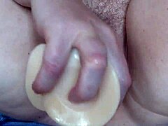 Mature chubby milf masturbates with dildo in close-up fetish. Hairy wet pussy sloshing asmr beaver vagina plump russian