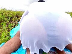 Brunette amateur with long hair gets quick creampie and cunilingus in tight pussy during public outdoor beach action